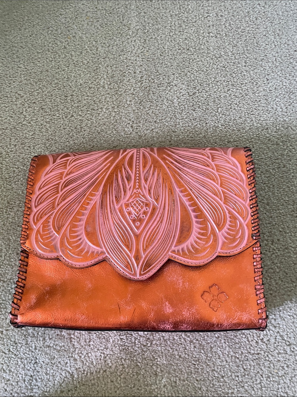 Patricia Nash Orange Tooled Leather Clutch with Whipstitch Trim